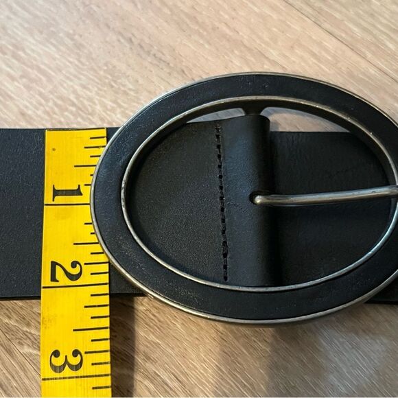 NEW Sisley Black Leather Wide Oversized Oval Buckle Silver Belt S